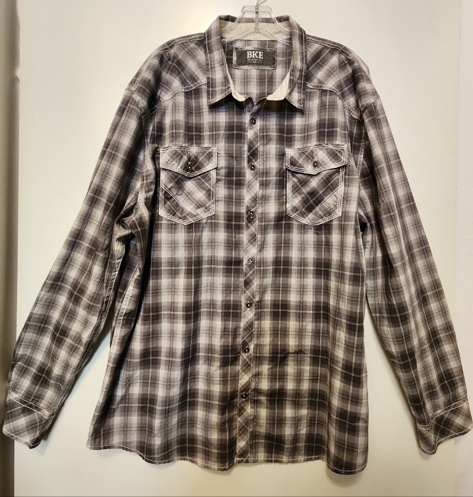 BKE Mens Button Down Shirt Thick Stitch Western Print Grey/White Size XXL